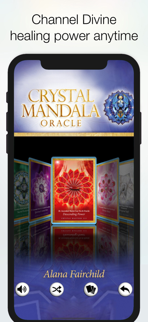 Crystal Mandala Oracle mobile app displaying a selection of digital healing cards with geometric mandalas.