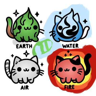 4 cats that represent the different elements, earth, water, air, and fire