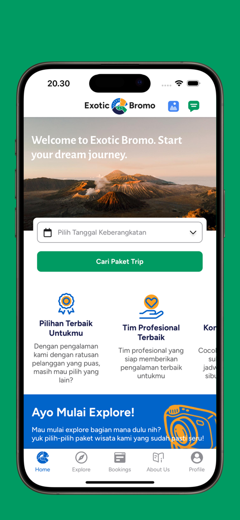 Home screen of the Exotic Bromo travel app featuring a scenic volcanic landscape and trip booking options