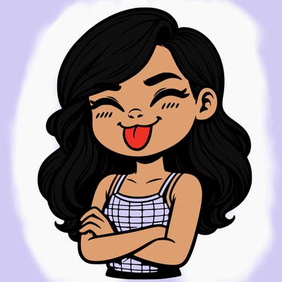 realistic girl crossing her arms and wearing a tank top with her tongue held out she has long hair