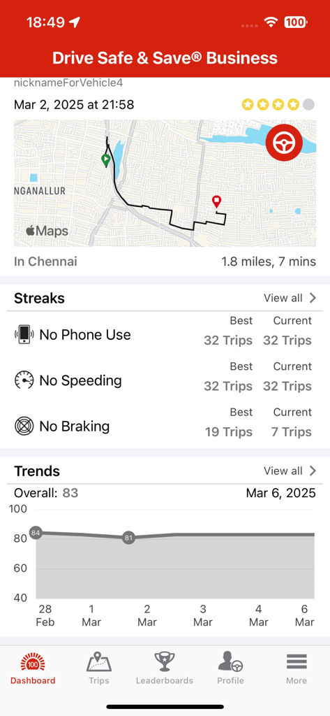 Drive Safe and Save Business app dashboard showing trip details safety streaks for no phone use and speeding and a driving performance trend graph