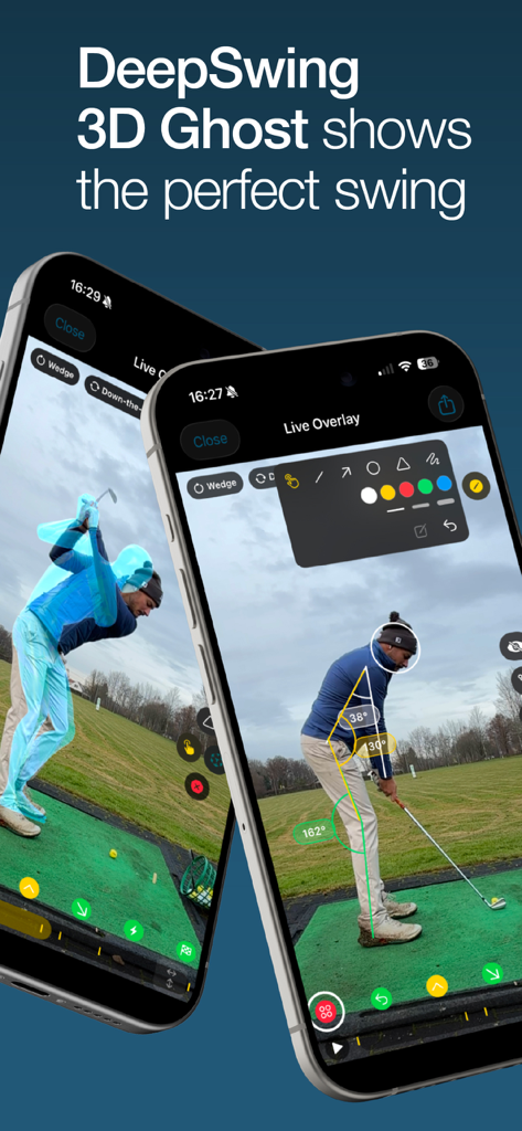 DeepSwing: AI Golf Swing Coach - Écrans de l'application DeepSwing montrant la superposition fantôme 3D pour le swing parfait et l'analyse vidéo en direct avec des mesures d'angle de swing de golf.
