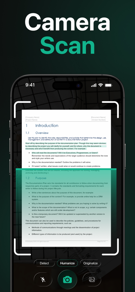 AI Detector : Text Humanizer - Smartphone camera scanning a printed document for AI detection and text humanization