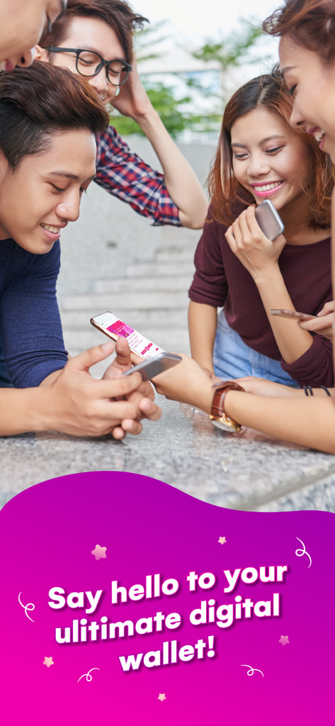 Pi Pay - A group of young tech-savvy friends smiling and using the Pi Pay digital wallet app on a smartphone