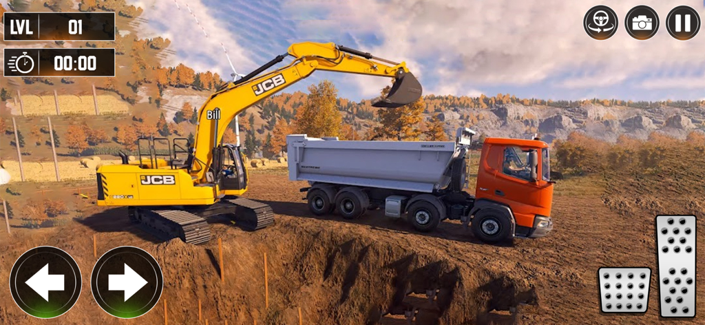 Road Construction Sim Games 3D - Yellow excavator loading dirt into an orange truck in a construction sim