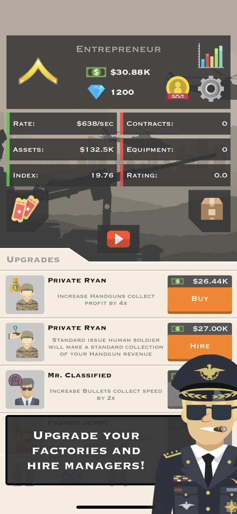 War Tycoon - War Tycoon game dashboard showing factory upgrades and manager recruitment screen