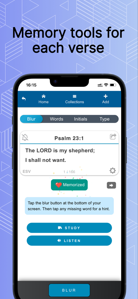 A mobile app interface showing study and listen tools for memorizing Bible verses