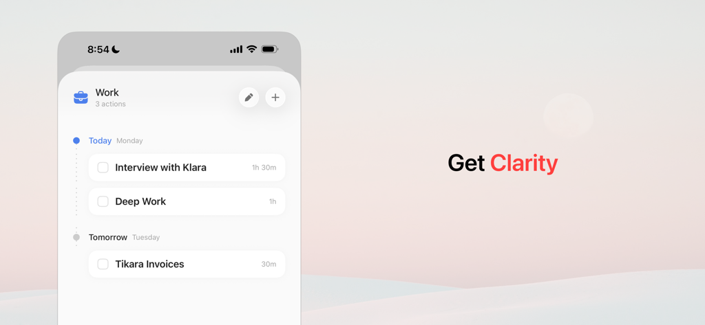 Momento - Planner - Interface of Momento Planner app displaying a minimalist work schedule with task durations on an iPhone