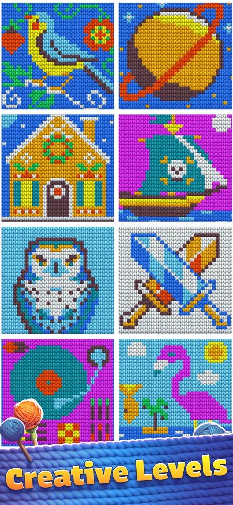 Thread Jam - Untangle 3D Ropes - A collection of colorful 3D embroidery patterns showcasing different creative levels in the Thread Jam game