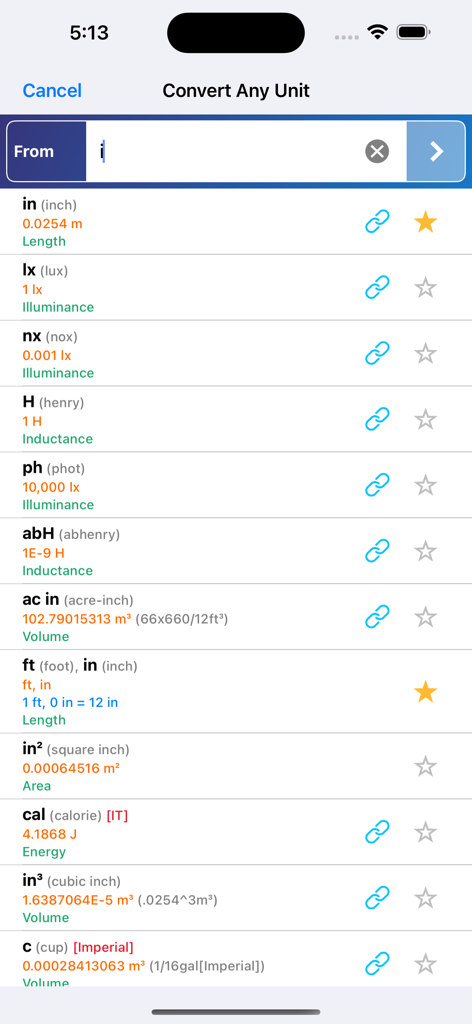 The search interface of the Convert Any Unit Lite app showing an autocomplete list of measurement units across different categories.