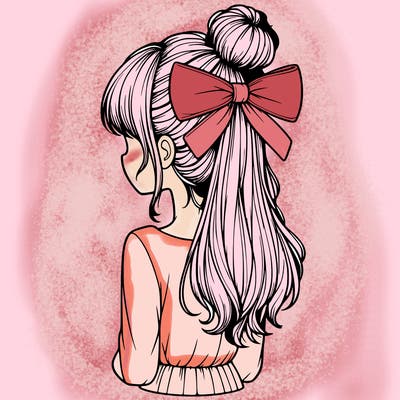 realistic girl  with hip length hair a bun and a big bow on the back of head