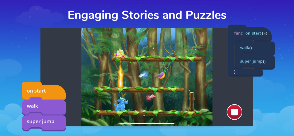 Tynker: Coding for Kids - Gameplay dell'app Tynker che mostra la programmazione a blocchi per un personaggio in un livello di avventura a tema giungla