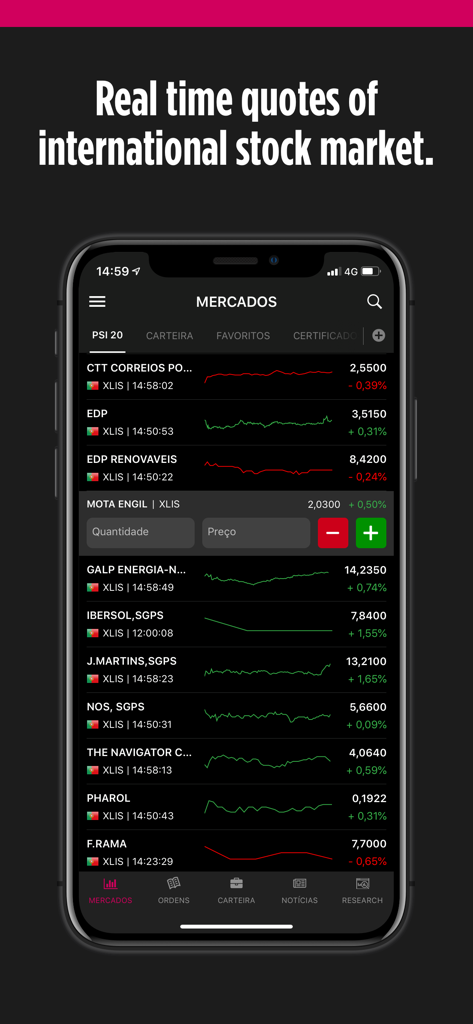 MTrader - Pantalla de la aplicación móvil MTrader que muestra cotizaciones bursátiles internacionales en tiempo real y tendencias del mercado.
