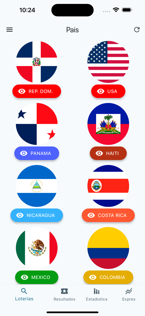 Loto Latina Resultados Loteria - Pantalla de la aplicación Loto Latina mostrando banderas de República Dominicana, EE. UU., Panamá, Haití, Nicaragua, Costa Rica, México y Colombia para la selección de loterías