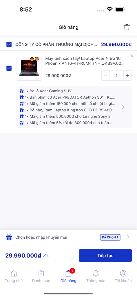 Phong Vu - Shopping cart screen in the Phong Vu app showing an Acer Nitro laptop with listed free gifts and a continue button
