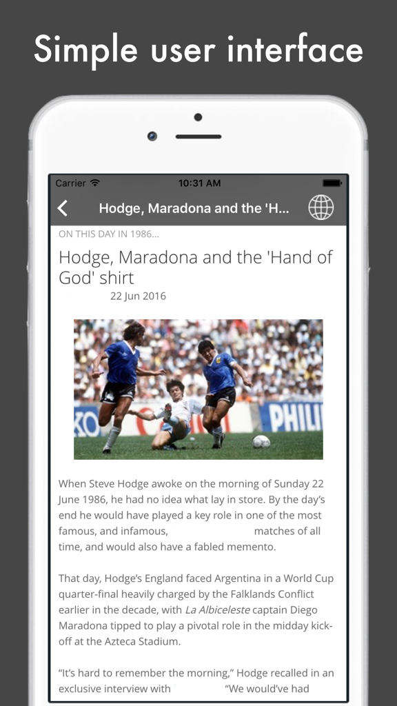 Smartphone displaying a football news article about Maradona's Hand of God shirt within a clean mobile app interface.