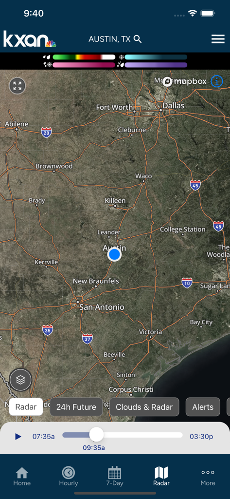 Mappa radar interattiva dell'app KXAN Meteo che mostra Austin e il Texas centrale