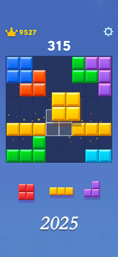 블록 블라스트 뉴 퍼즐 게임의 게임 플레이, 그리드 위에 다채로운 블록이 있음