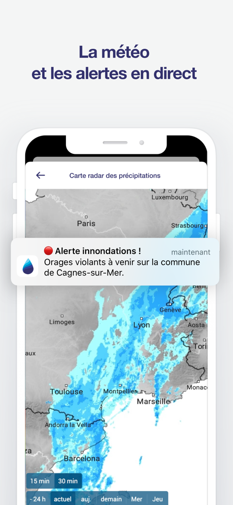 Tela do smartphone mostrando o aplicativo Waterdrop com um mapa de radar de precipitação ao vivo e uma notificação de alerta de inundação.