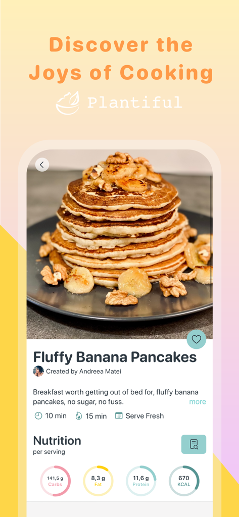 Plantiful - Healthy Recipes - Plantiful app screen displaying a healthy banana pancake recipe and nutrition facts