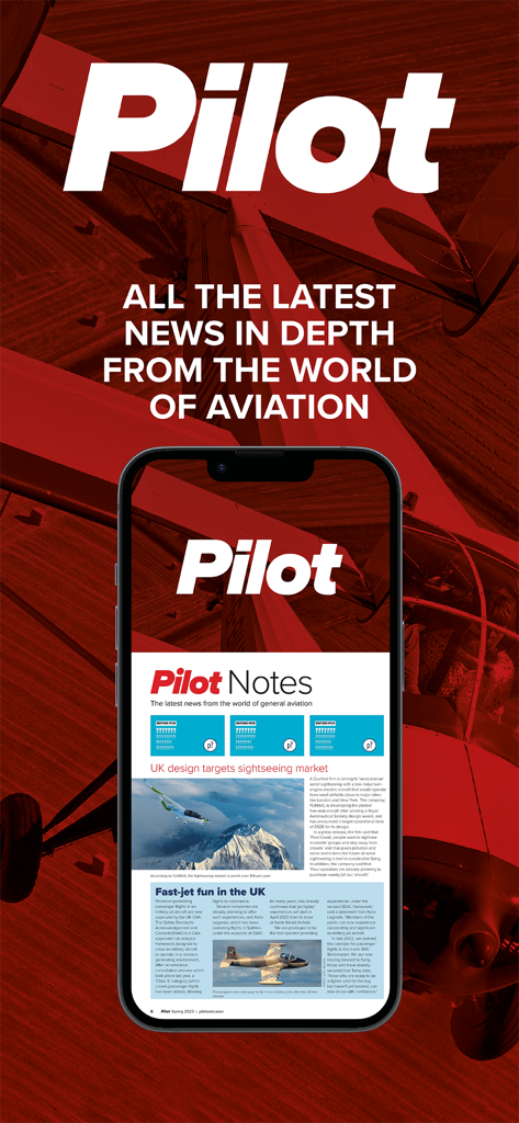 Aplicación Pilot Magazine en un smartphone mostrando artículos de noticias de aviación
