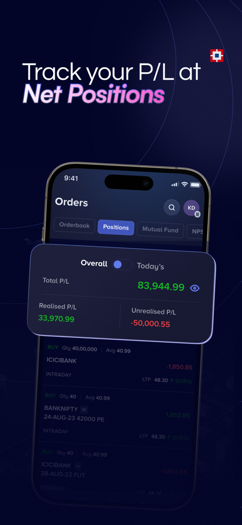 HDFC Securities InvestRight - HDFC Securities InvestRight app interface showing real-time profit and loss tracking in the Net Positions tab.