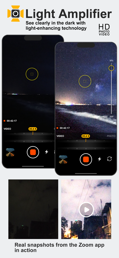 Ein Vergleich, der die Lichtverstärkerfunktion der Fernglas-App zeigt, die die Sichtbarkeit in einer dunklen Landschaft verbessert.