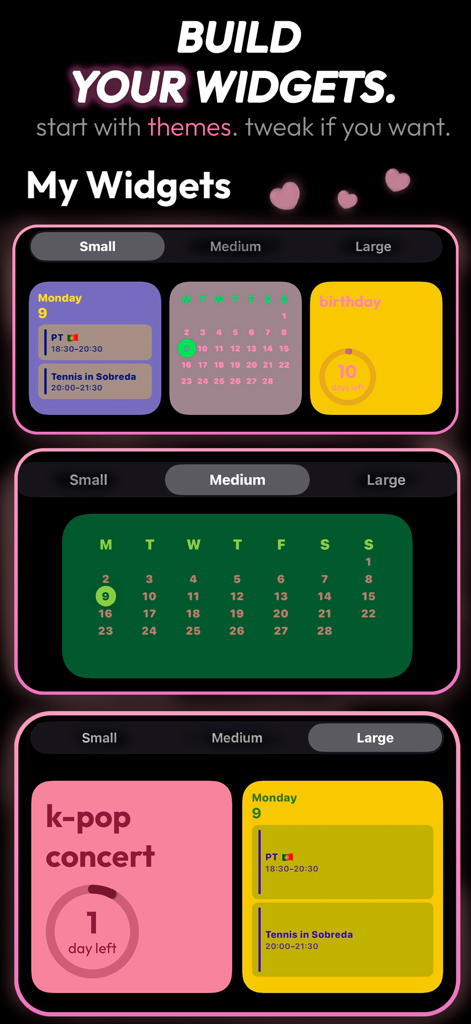 Anime widgets & themes: Yume - A menu showing small medium and large aesthetic widgets for calendars and countdowns in the Yume app
