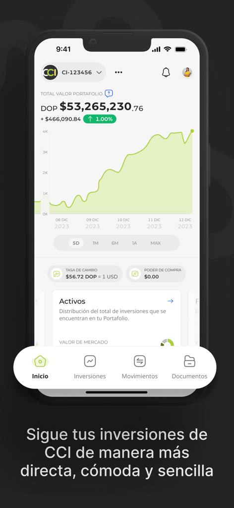CCI Mobile - Interfaz de la aplicación CCI Mobile que muestra un panel de portafolio de inversiones con el valor total en DOP y un gráfico de crecimiento de rendimiento
