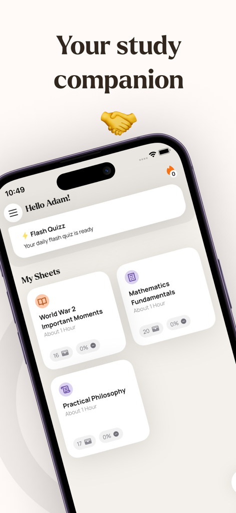 Quiztr - Revision Sheets - Dashboard dell'app Quiztr che mostra un quiz giornaliero e schede di ripasso per matematica e storia