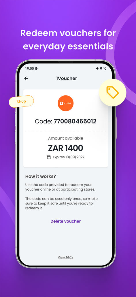 Zeam app interface showing a 1Voucher code for 1400 ZAR to be used for everyday essentials.