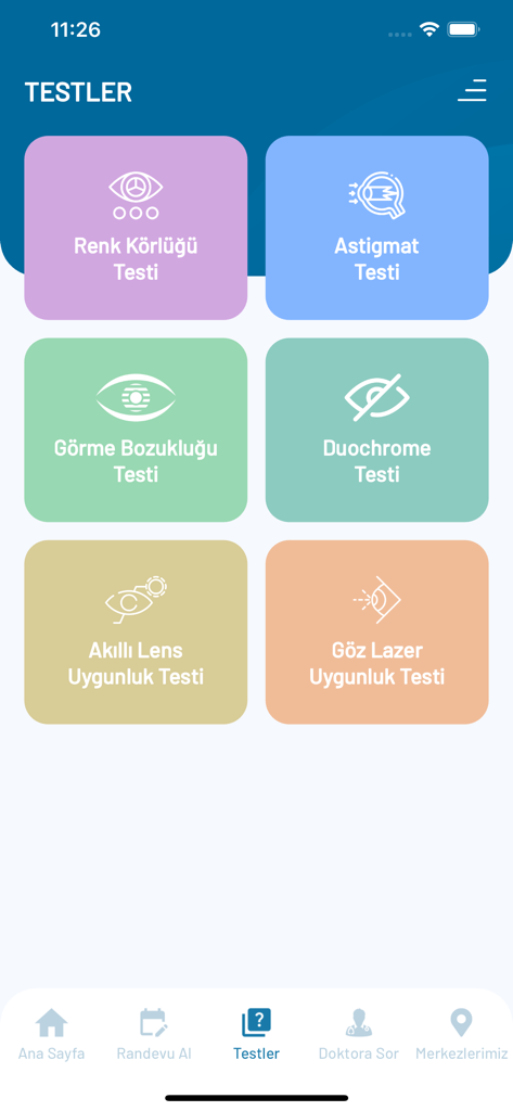 Veni Vidi Göz - Pantalla de la aplicación Veni Vidi Goz que muestra varias pruebas de salud ocular, incluyendo daltonismo y astigmatismo