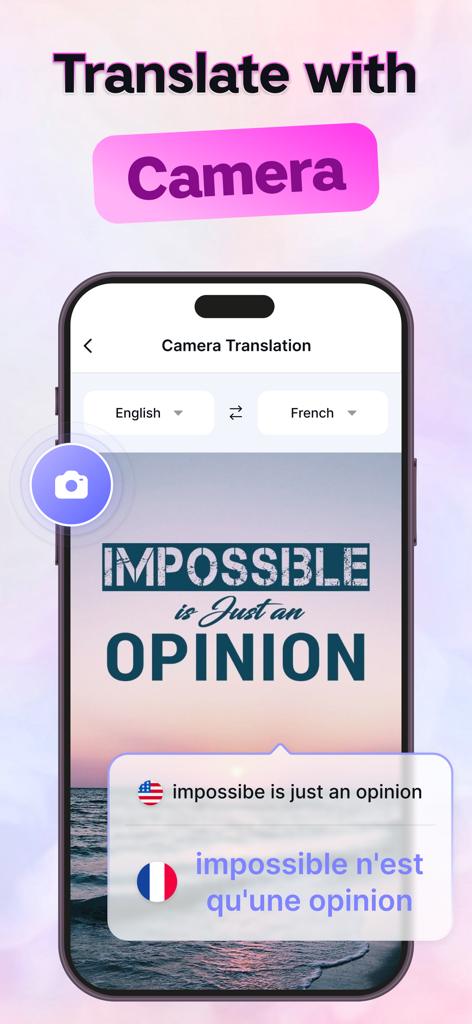 All Translate AI: Voice, Text - Camera translation feature in the All Translate AI app converting English text to French on a smartphone screen.