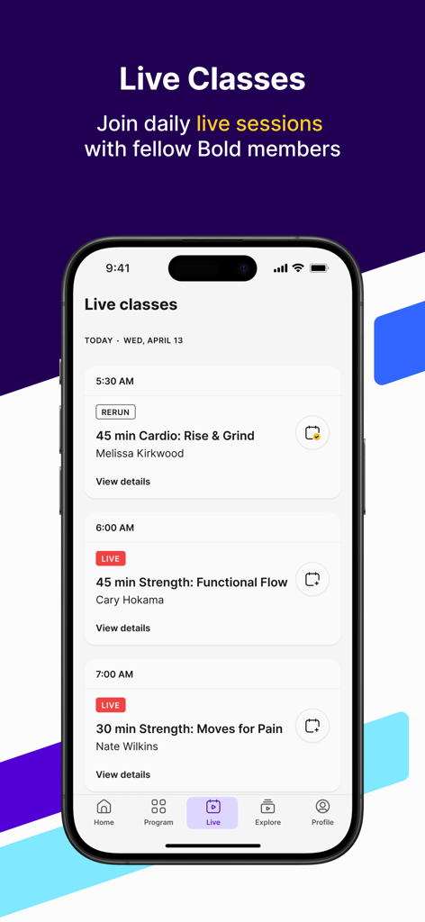 Bold: Science-backed exercises - The Bold app interface showing a schedule of daily live exercise classes for seniors.