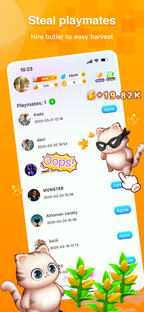 Interface of Hifami app showing a list of playmates with a thief cat character and gold rewards