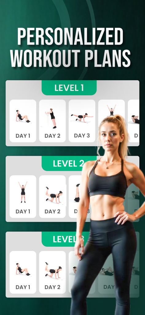 Fitness Coach: A Home Workout - Interfaz de aplicación de fitness que muestra niveles de entrenamiento personalizados y planes de ejercicios caseros diarios.