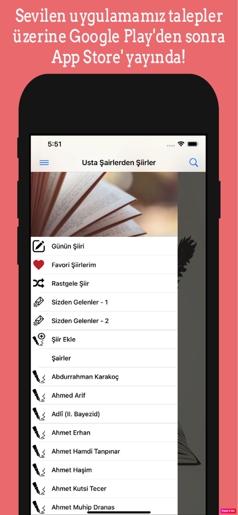 Usta Şairlerden Şiirler - Main menu of the Usta Sairlerden Siirler app showing a list of famous Turkish poets and poem categories