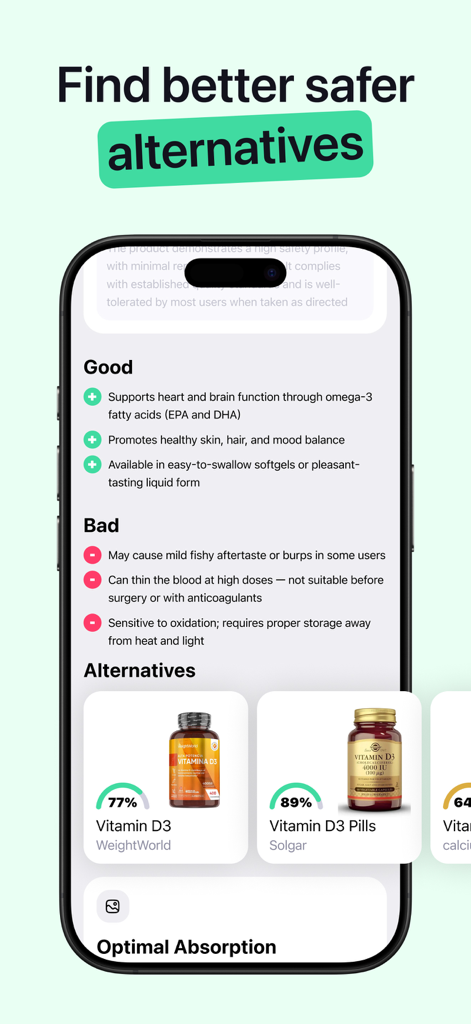 Mobile app screen showing a detailed analysis of supplement pros and cons with a list of safer Vitamin D3 alternatives