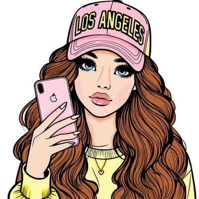 realistic beautiful girl wearing los ángeles cap holding an iphone