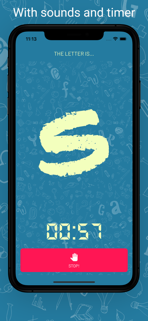 Interfaz de la aplicación ¡Stop! que muestra una letra S grande y un temporizador de cuenta regresiva digital para juegos de palabras sociales.