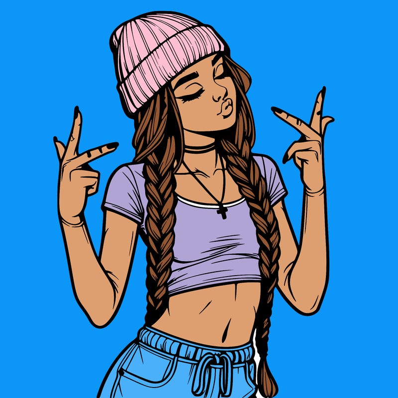 realistic teenage girl with braids and a beanie and crop top doing 🫶🏼