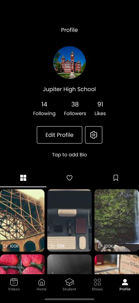 Profile page of Jupiter High School on Talent Star Nepal app showing follower statistics and a video grid of talent auditions.