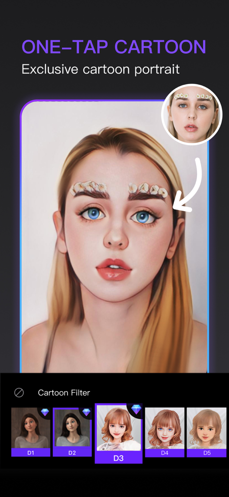 LoopArt - 3D Photo & Morph - LoopArt 앱 인터페이스, 여성의 초상화를 만화 스타일로 변환하는 원탭 만화 필터를 보여줌.