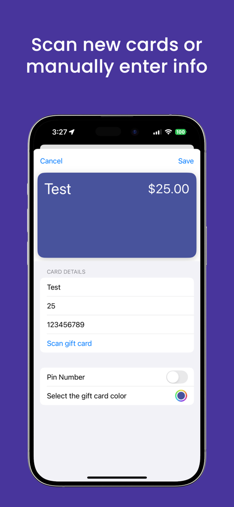 Interface para inserir manualmente detalhes e saldos de cartões-presente no aplicativo Giftlet