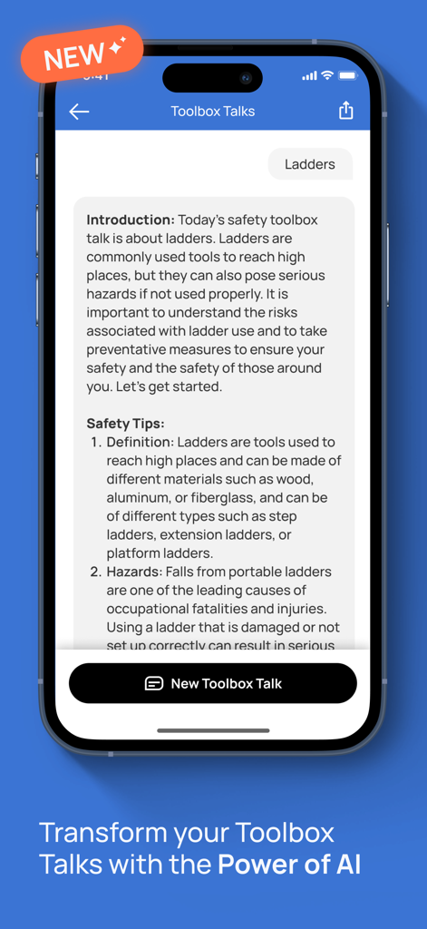 Interface of Empower by ISN app featuring an AI-generated safety briefing on ladder hazards and tips.