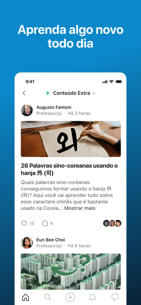 Coreano Online - Interface do aplicativo móvel Coreano Online mostrando um feed social com aulas de língua coreana e postagens de professores