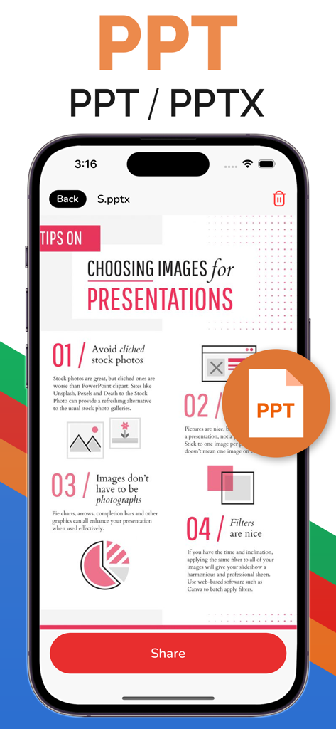 All Document Reader - Read PDF - Pantalla de iPhone mostrando una diapositiva de presentación de PowerPoint siendo vista en la aplicación Lector de Documentos