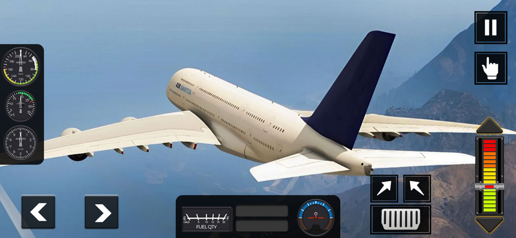 Flight Pro Plane Simulator 3d - Un gran avión comercial blanco volando sobre un paisaje montañoso en un simulador de vuelo 3D