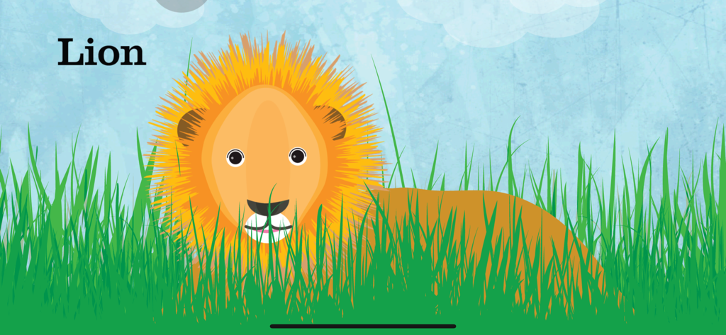 Ilustración de un león escondido entre la hierba alta en el juego educativo Peek-a-Zoo