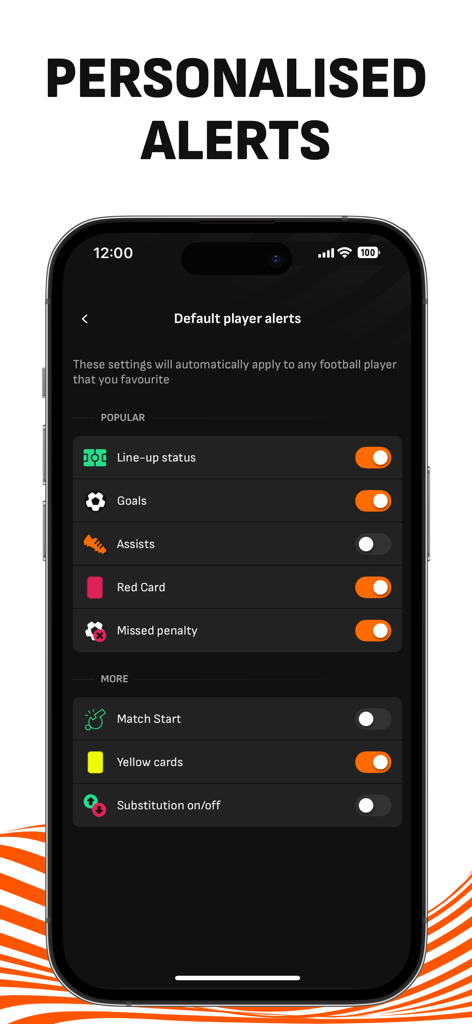 Pantalla de la aplicación LiveScore que muestra la configuración de alertas personalizadas para jugadores en goles y eventos del partido
